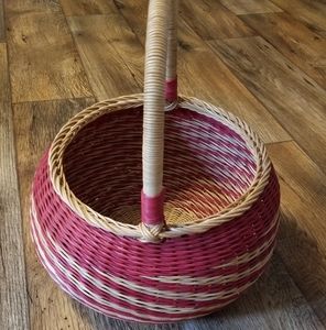 Red Wicker Rattan Round Basket Yarn Sewing Bows Letters Flowers Plant Fruit